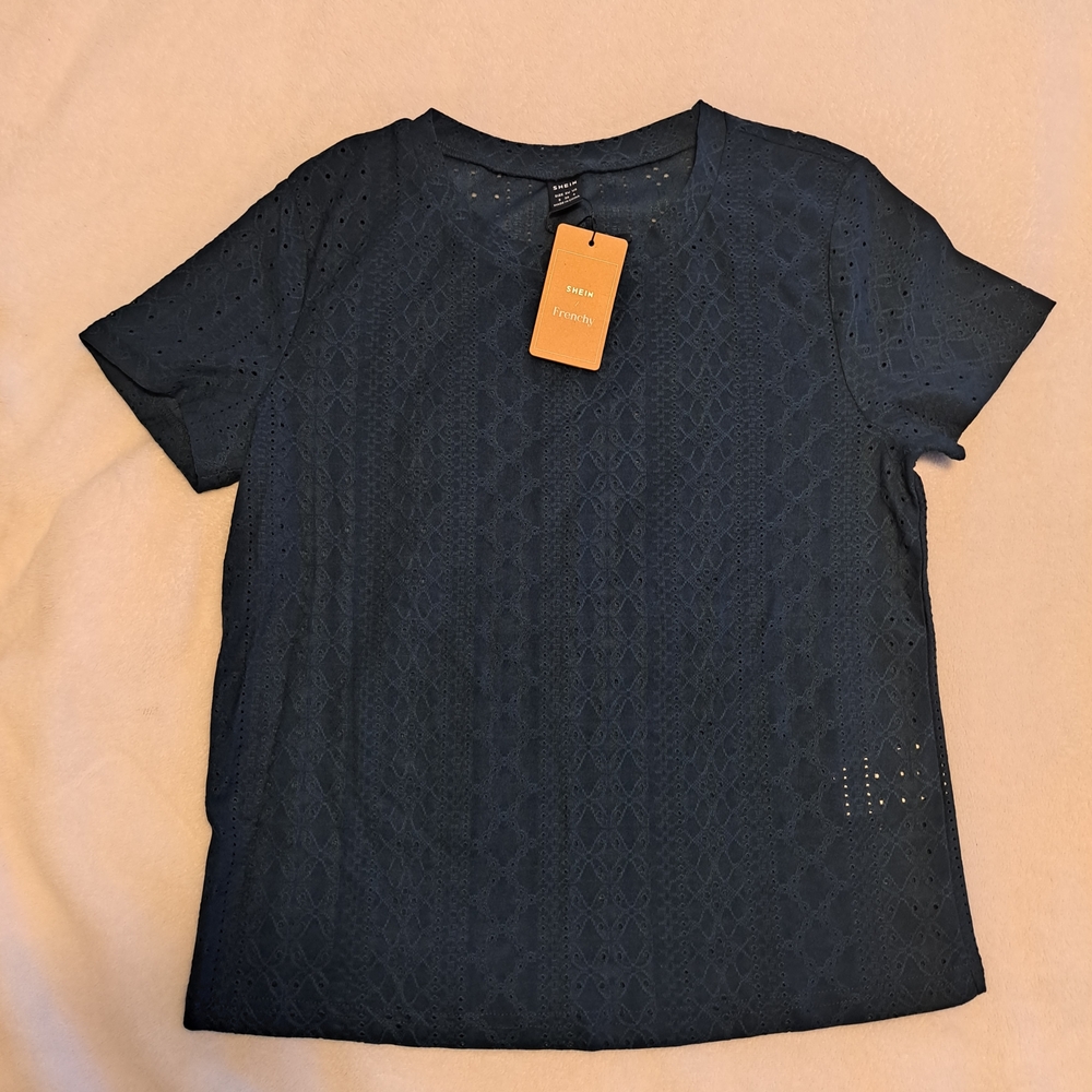 SHEIN Teal Short-Sleeve Eyelet Lace Tee